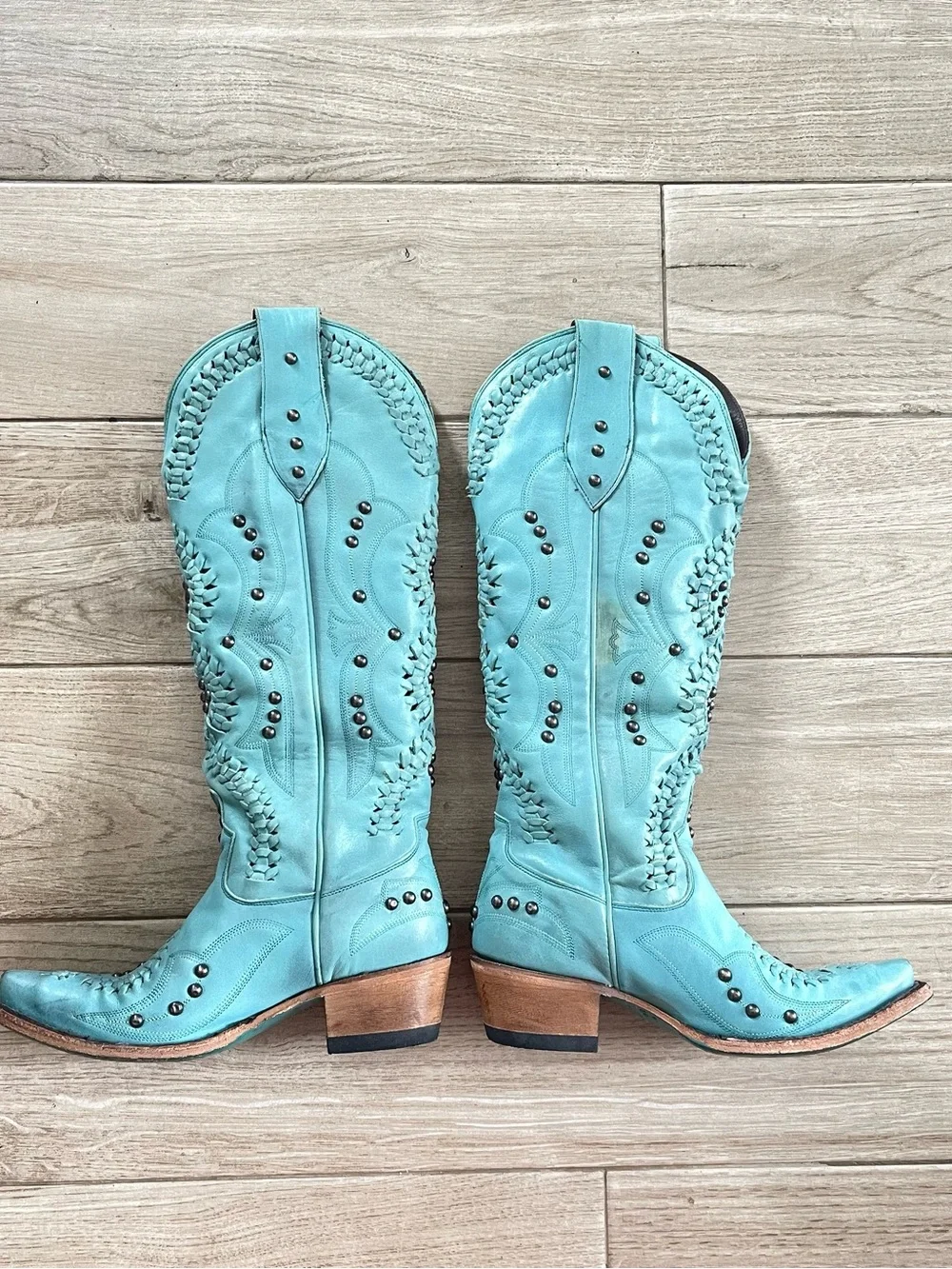 Lane Cossette Turquoise Tall Western Braided Studded Snip Toe Boots